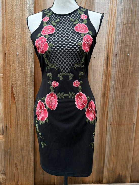 Charlotte Russe Dresses & Skirts - Charlotte Russe Black Mesh-Panel Mini Dress with Pink Floral Embroidery